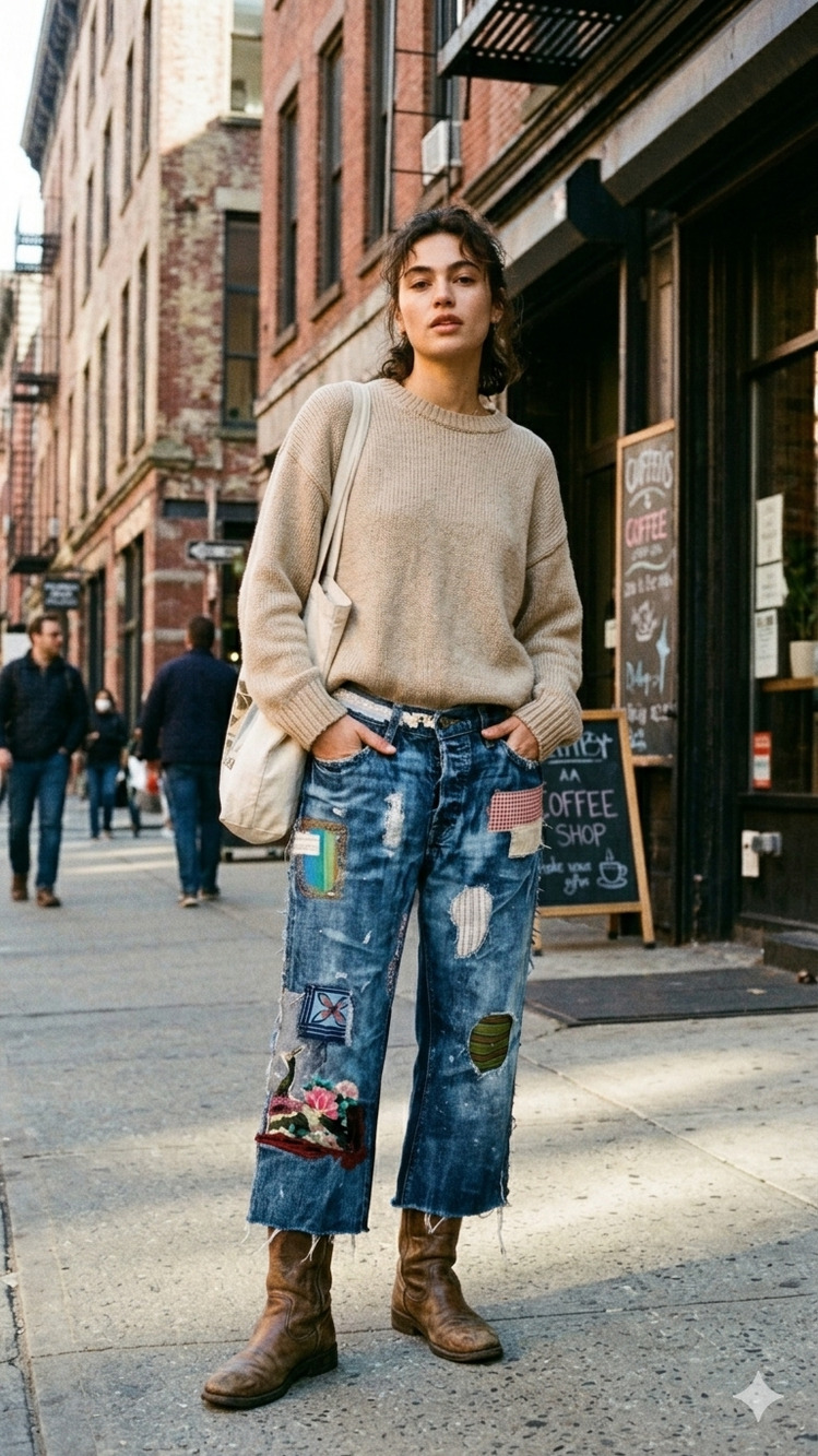 Upcycled Hollister Distressed Appliqué Cropped Boyfriend Jeans
